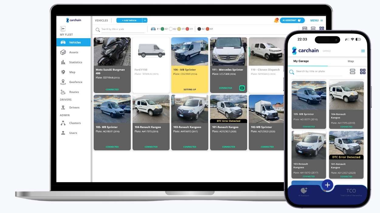 Carchain dashboard showing fleet control and operational KPIs