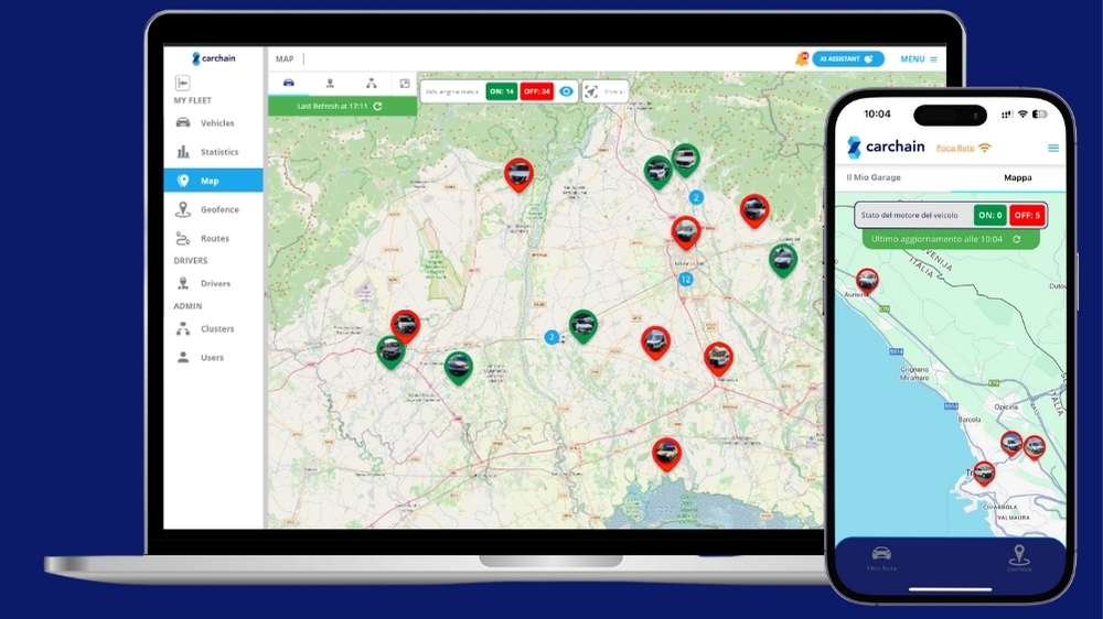Carchain dashboard overview showing map, KPIs and alerts