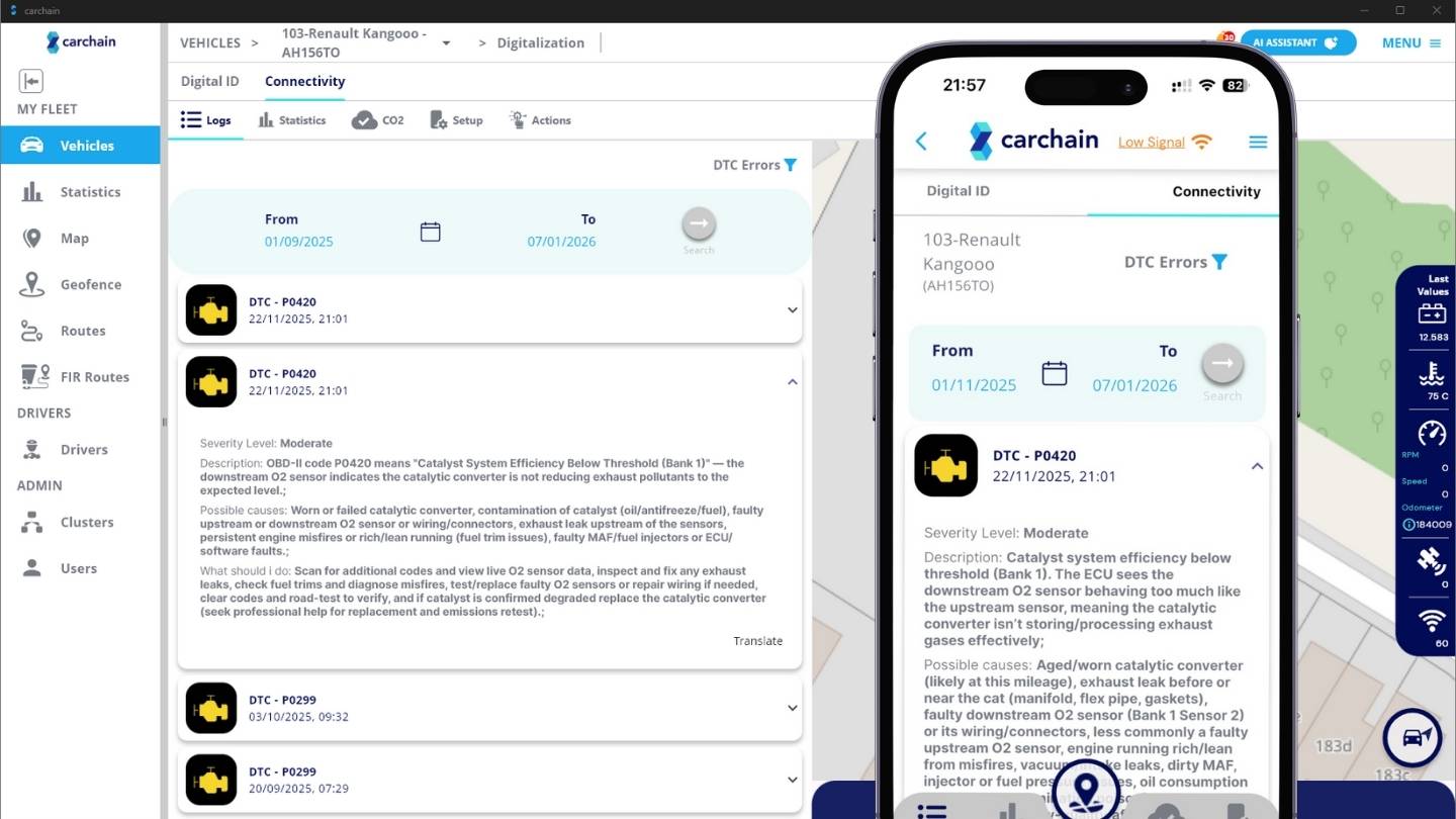 Carchain AI Mechanic Interface mostrando insights DTC, níveis de risco e ações recomendadas para manutenção de frota.