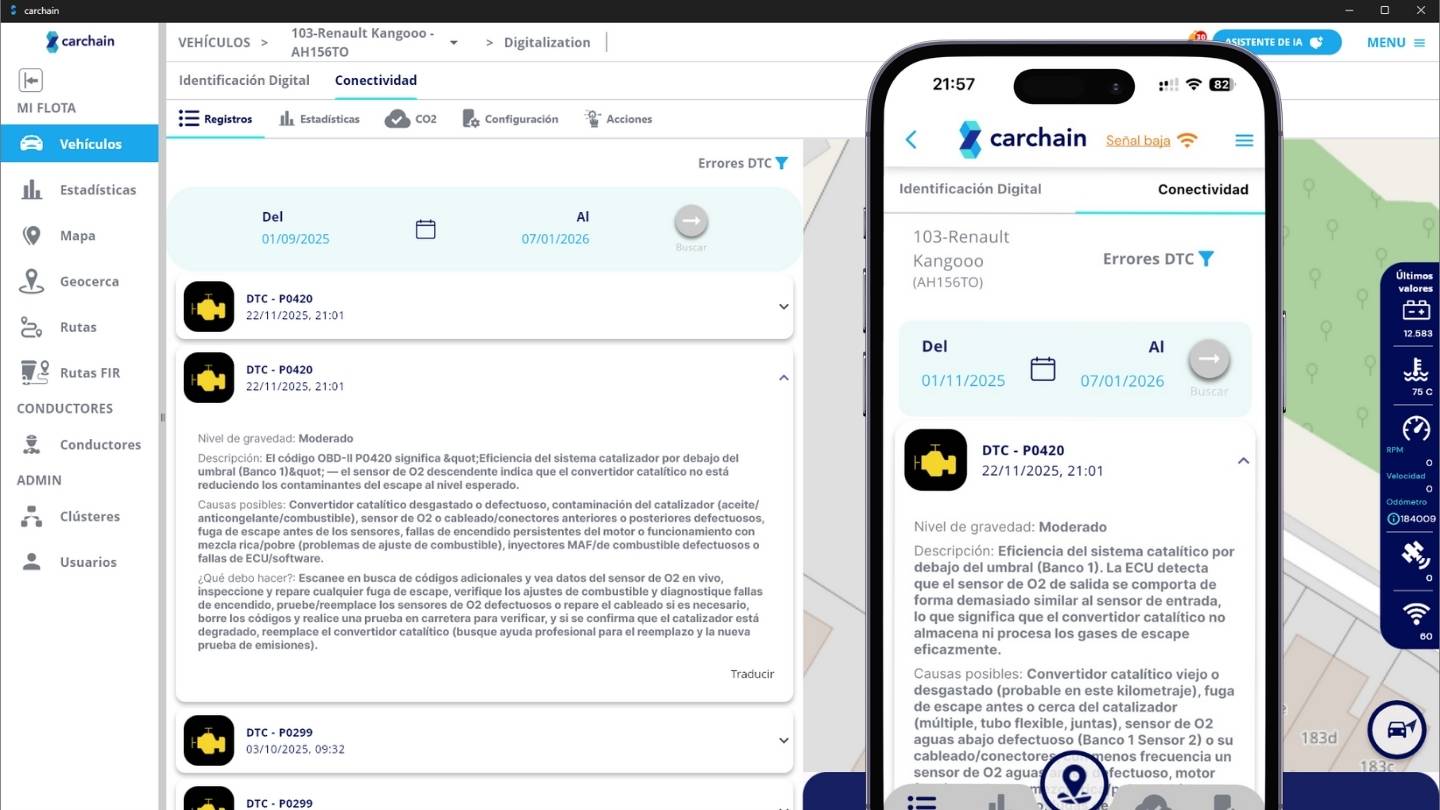Interfaz del Mecánico con IA de Carchain mostrando insights de DTC, niveles de riesgo y acciones recomendadas para el mantenimiento de flotas.