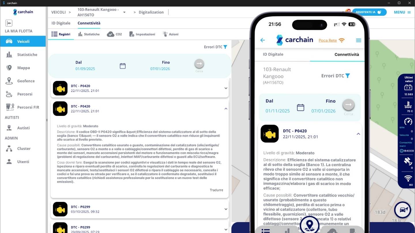 Interfaccia del Meccanico con IA di Carchain che mostra insight DTC, livelli di rischio e azioni consigliate per la manutenzione delle flotte.