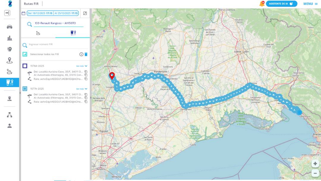 Captura de Carchain FIR Routes mostrando trazabilidad de rutas vinculadas a formularios FIR en un mapa.