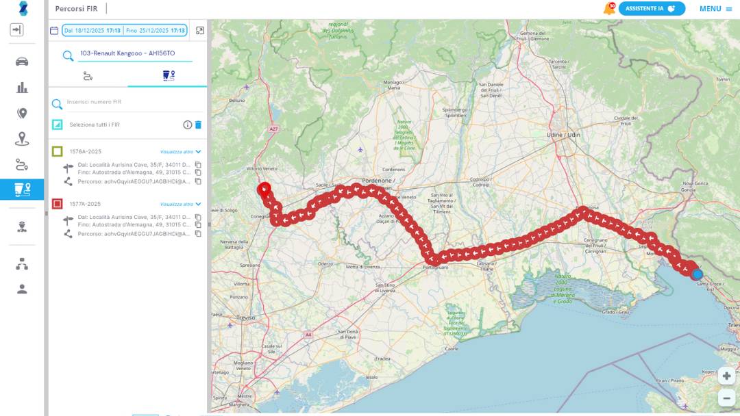 Screenshot di Percorsi FIR di Carchain che mostra il tracciamento dei percorsi rifiuti collegati ai formulari FIR e visualizzati su mappa.