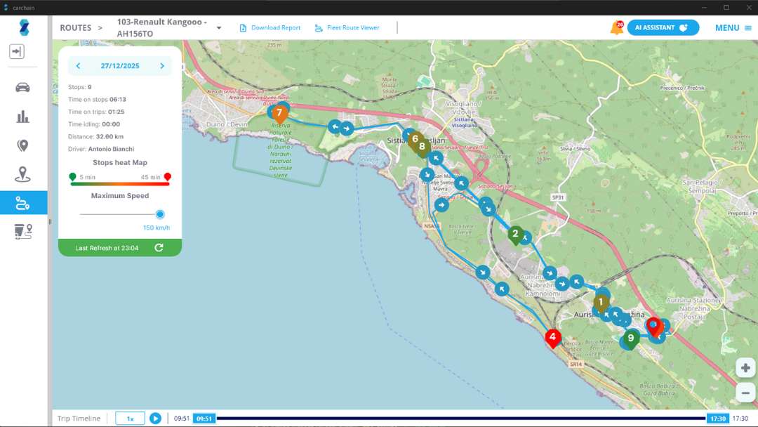 Trip visualization showing route waypoints, stop locations, heatmap intensity and technician details inside Carchain.