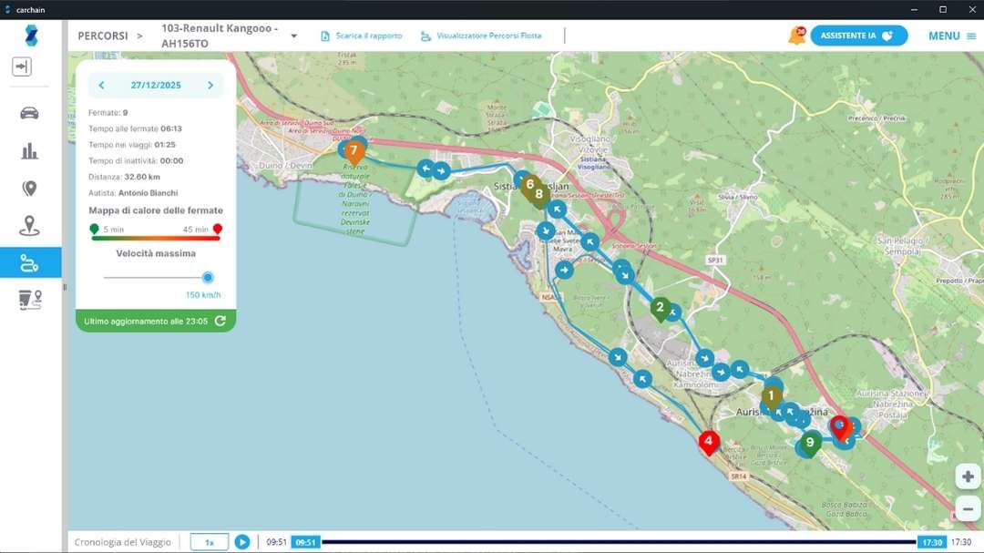 Visualizzazione viaggio con waypoint, soste, intensita heatmap e dettagli tecnico dentro Carchain.