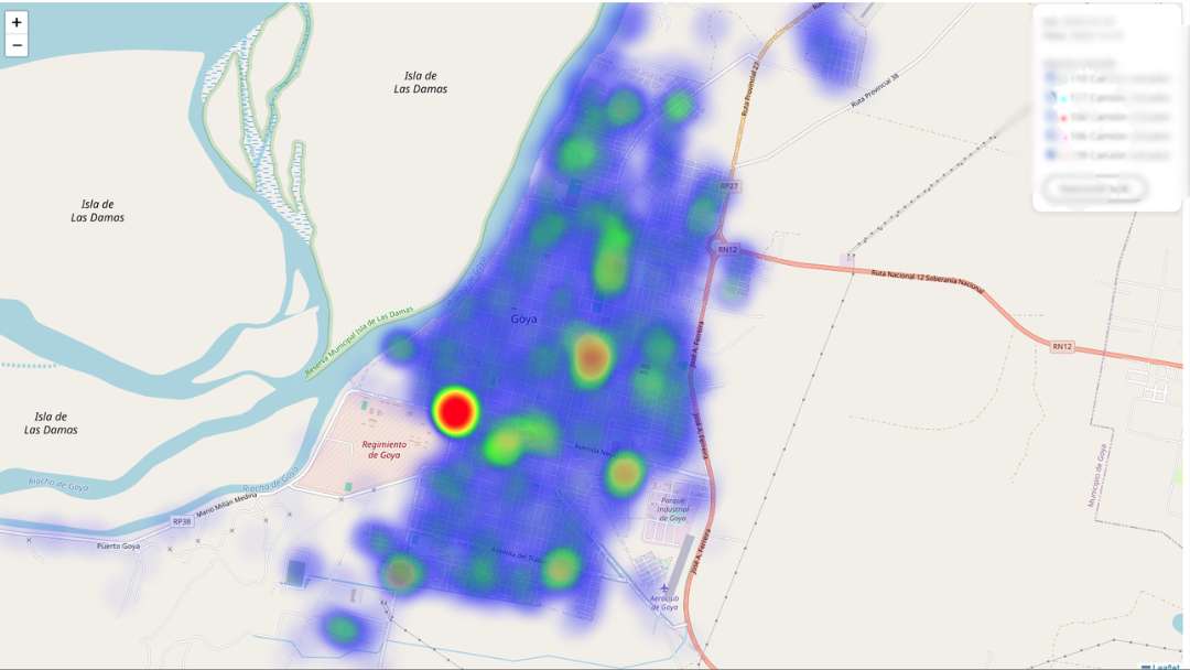Mapa de calor de flota que muestra puntos críticos de ralentí concentrados con filtros por vehículo y fecha