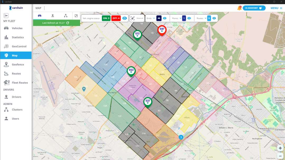 Map interface showing multiple police patrols with zone overlays and assignments