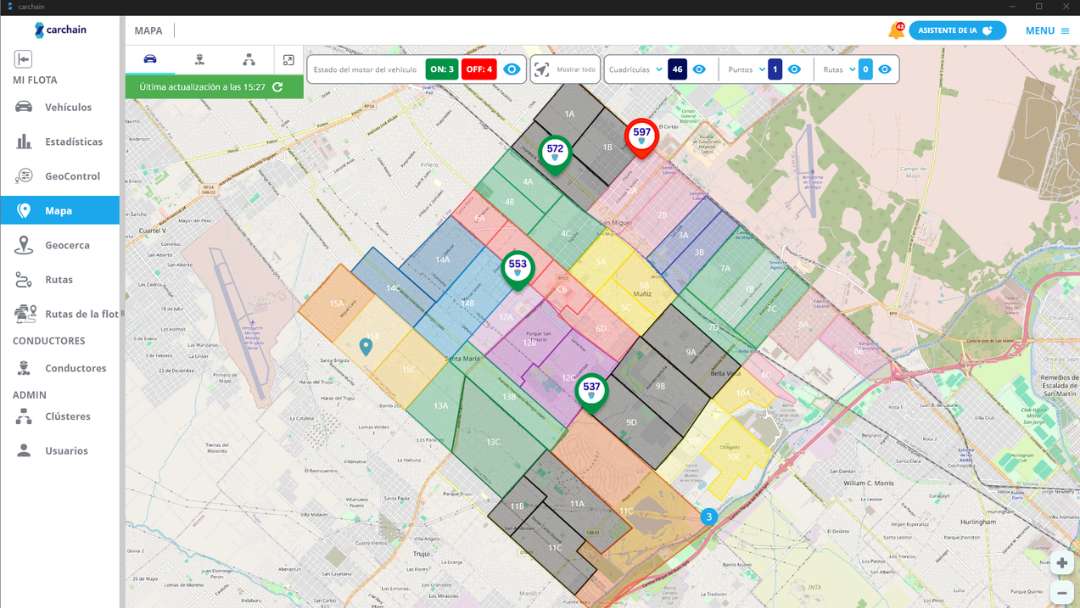 Interfaccia mappa che mostra più pattuglie di polizia con sovrapposizione di zone e assegnazioni
